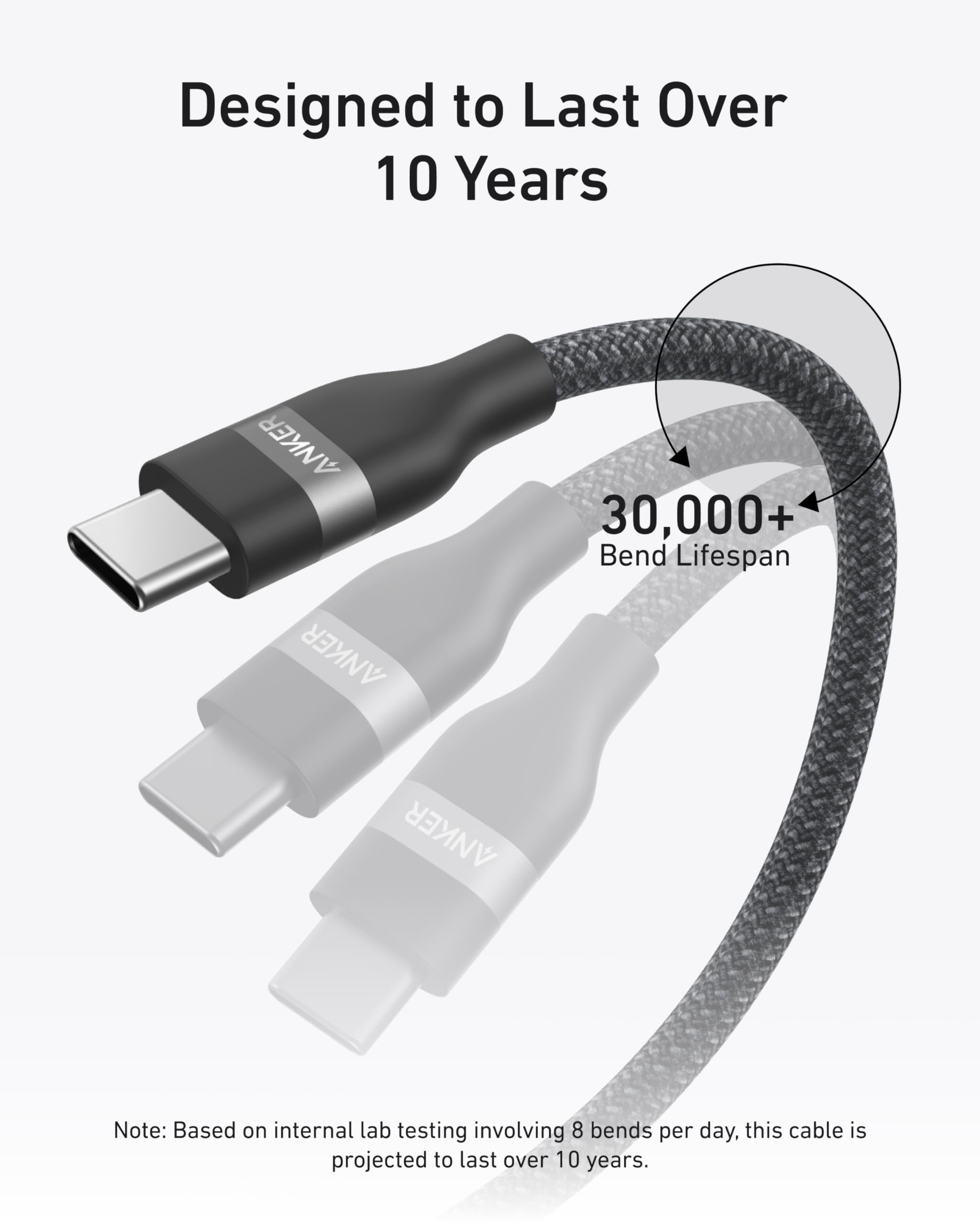 Anker cable with text indicating a 10-year lifespan and bend lifespan of 30,000+