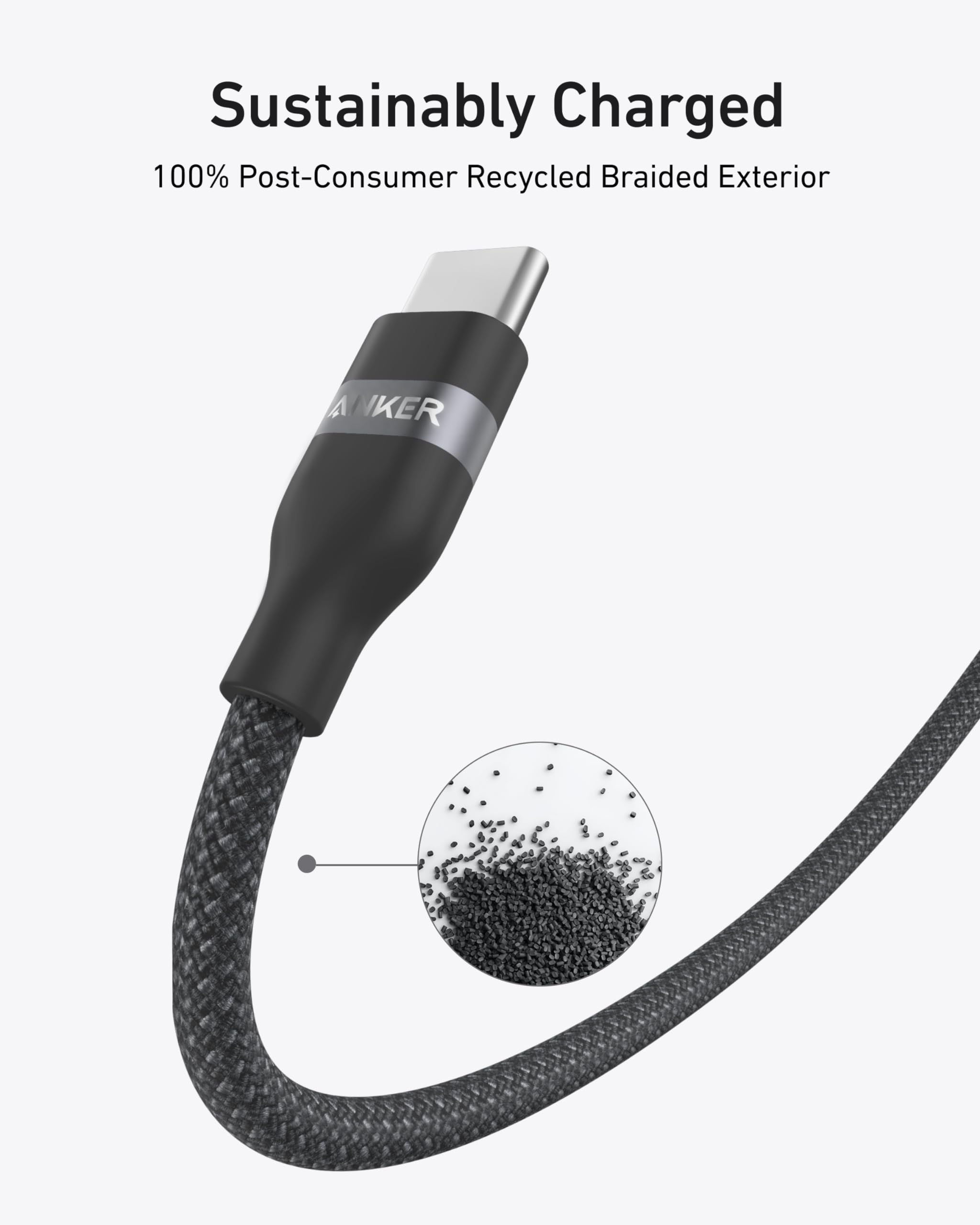 Black charging cable with braided exterior and 'ANKER' branding on a white background.