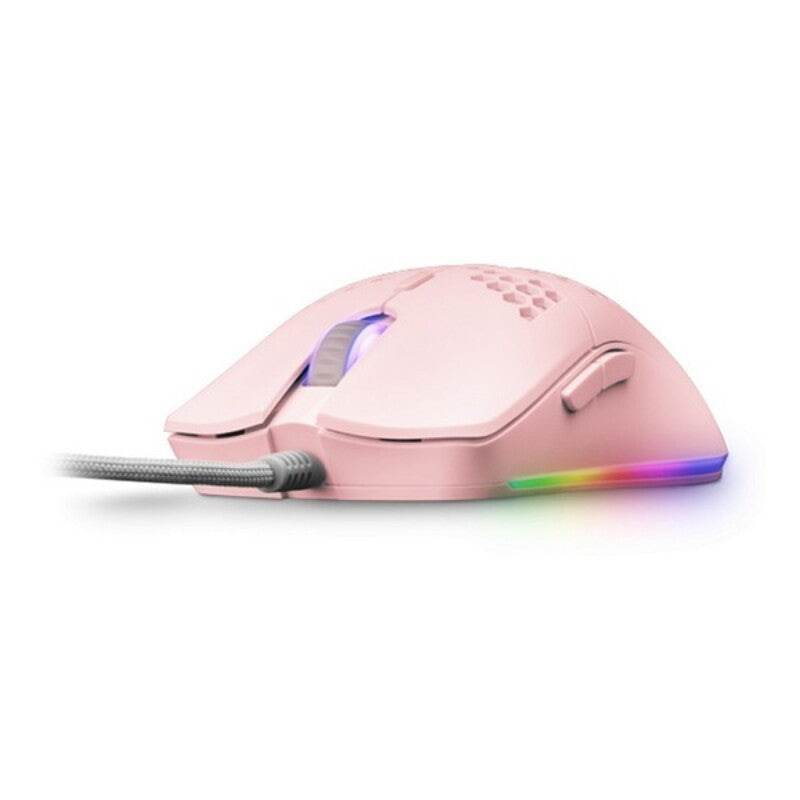 Pink gaming mouse with RGB lighting on a white background