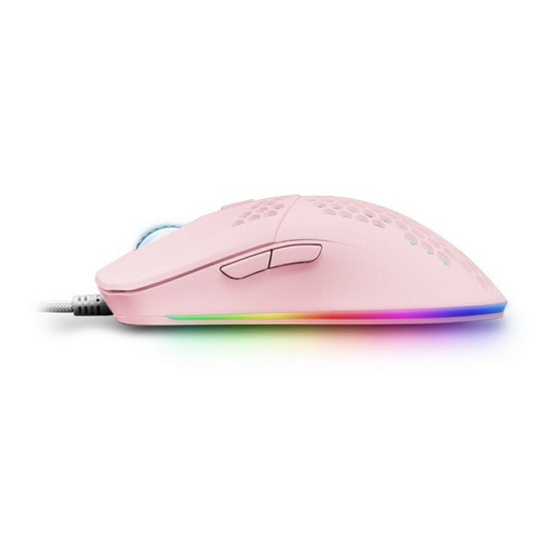 Pink gaming mouse with RGB lighting on a white background