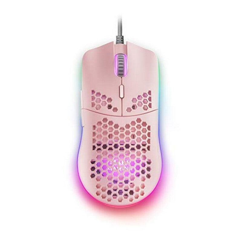 Pink gaming mouse with RGB lighting on a white background