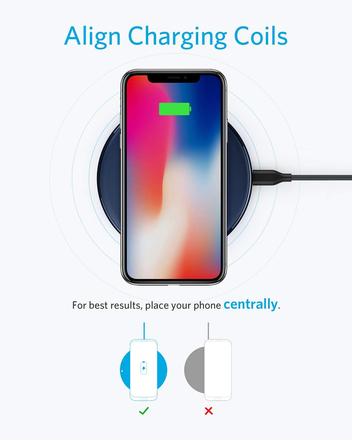 Smartphone being charged on a wireless charging pad with alignment instructions.
