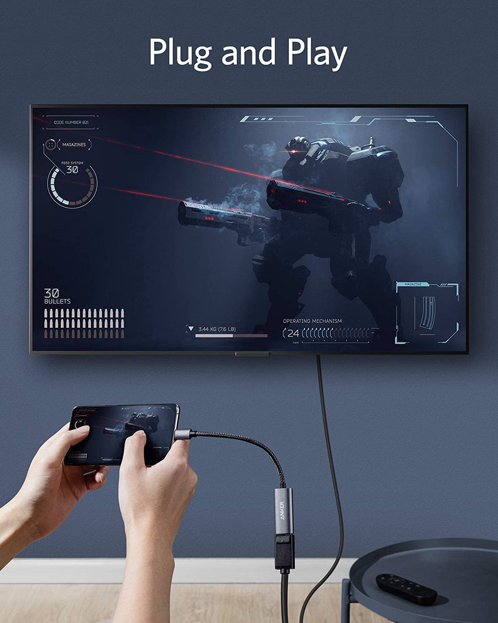 Person connecting a smartphone to a TV with a cable, displaying a gaming scene.