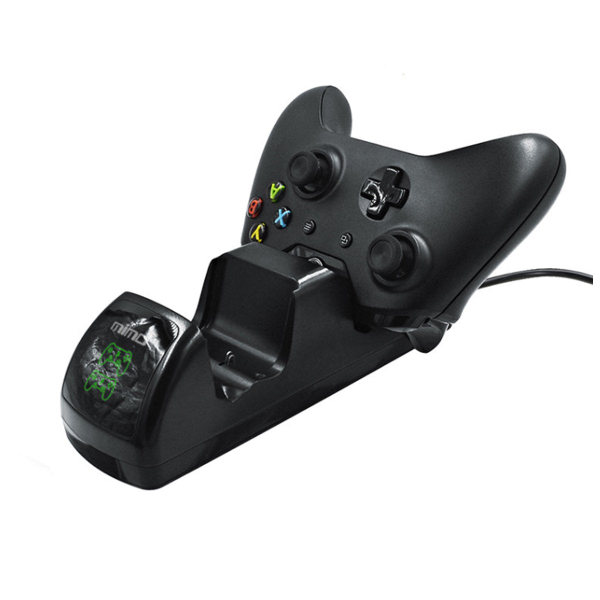 Black gaming controller with charging dock on a white background