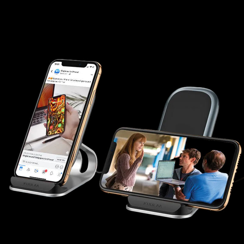 Two smartphone stands displaying phone screens on a white background