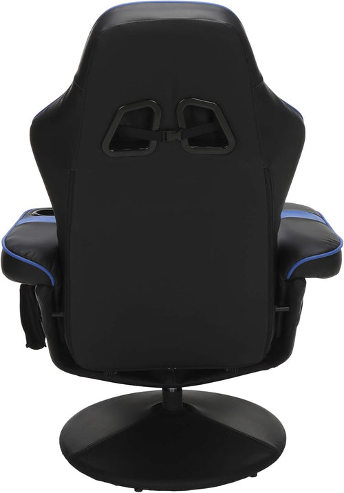 Black gaming chair with blue accents on a white background