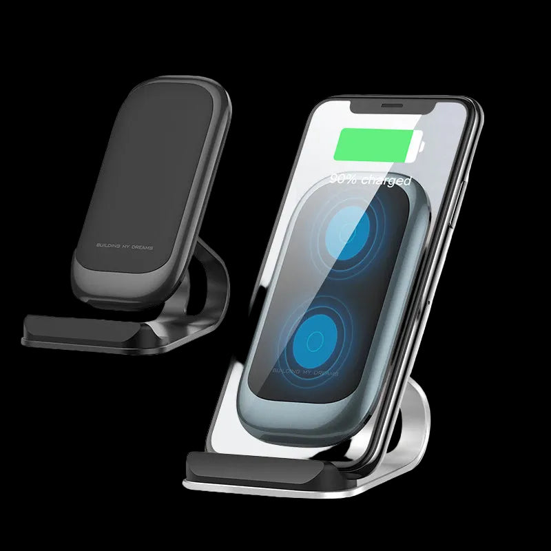 Wireless charging stand with smartphone on a white background