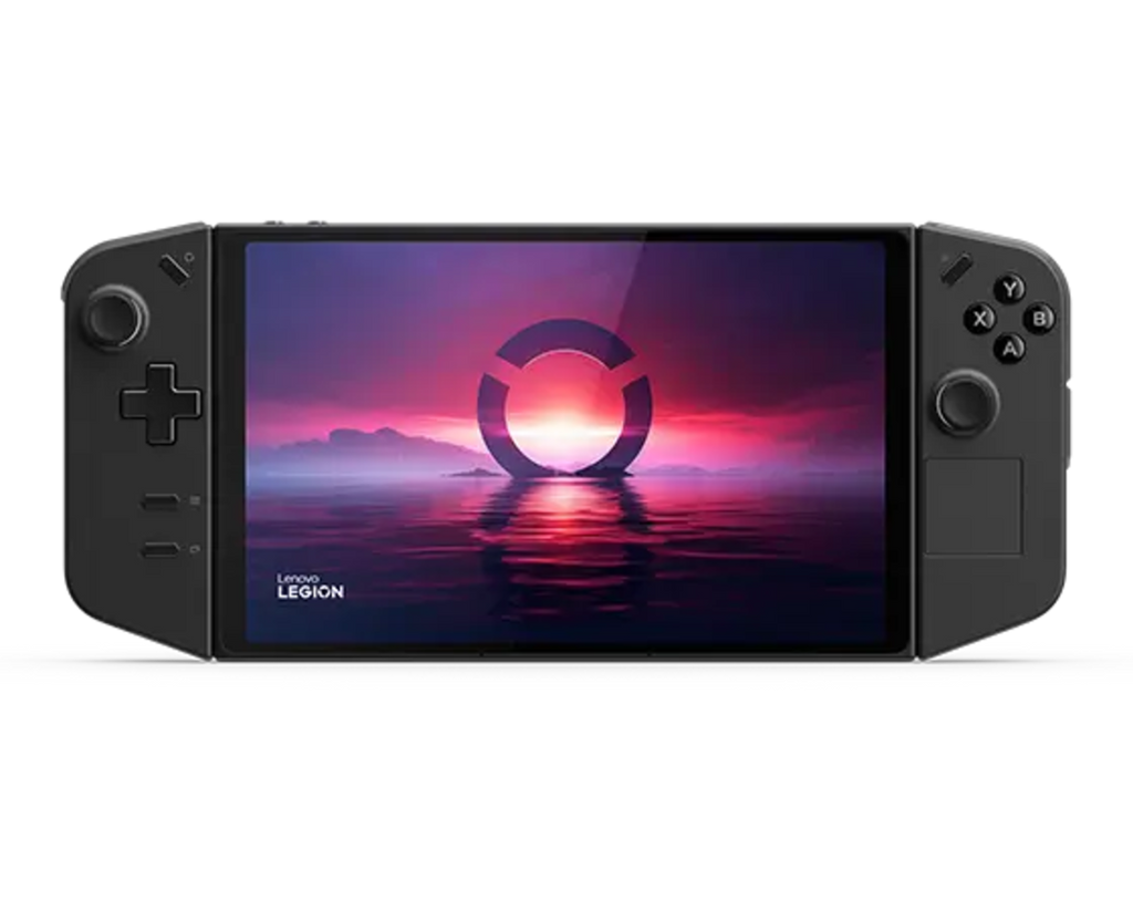 Black handheld gaming device with a screen displaying a sunset over water scene.
