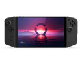 Black handheld gaming device with a screen displaying a sunset over water scene.