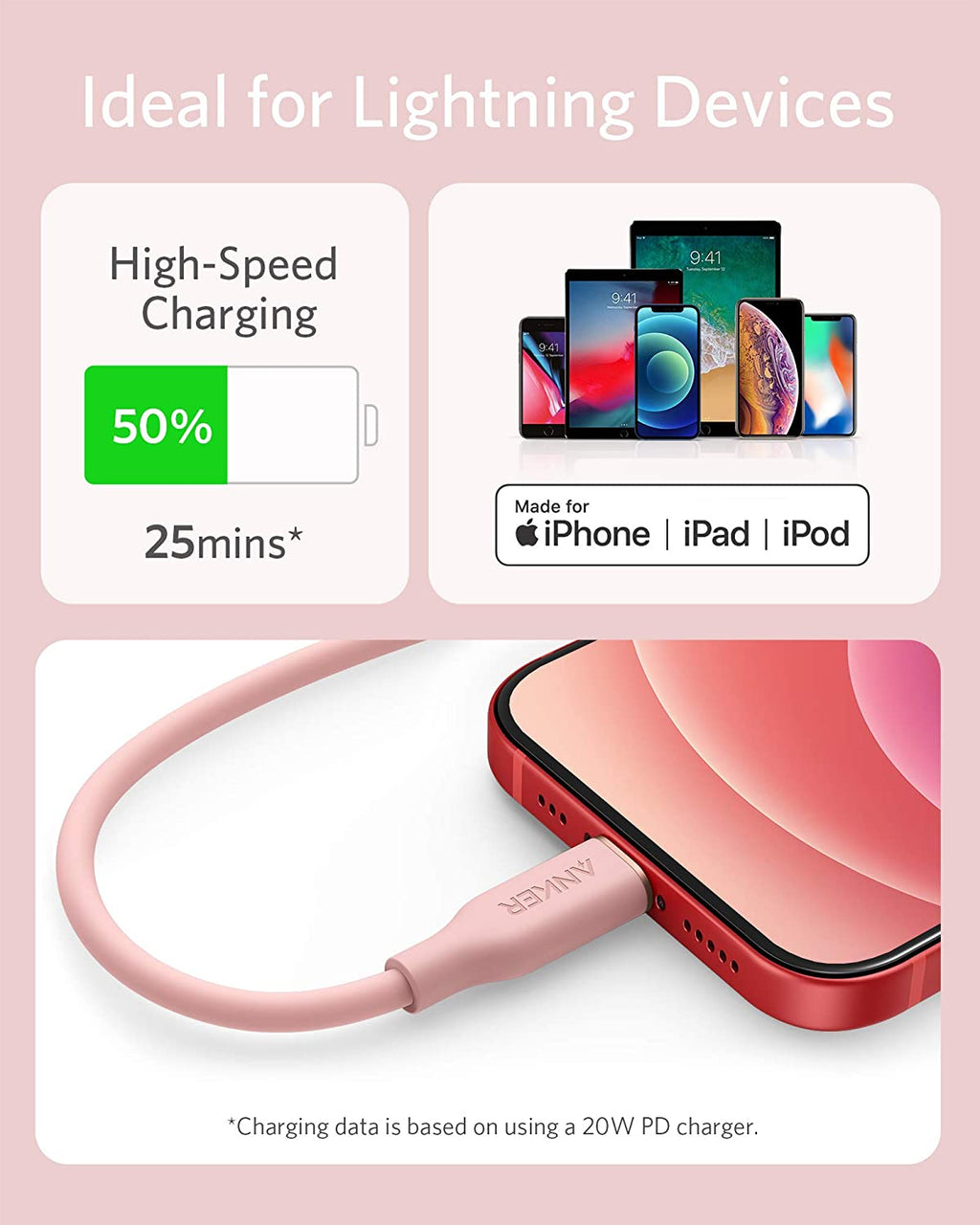 Pink charging cable with smartphone, text about high-speed charging, and compatibility with Apple devices on a pink background.