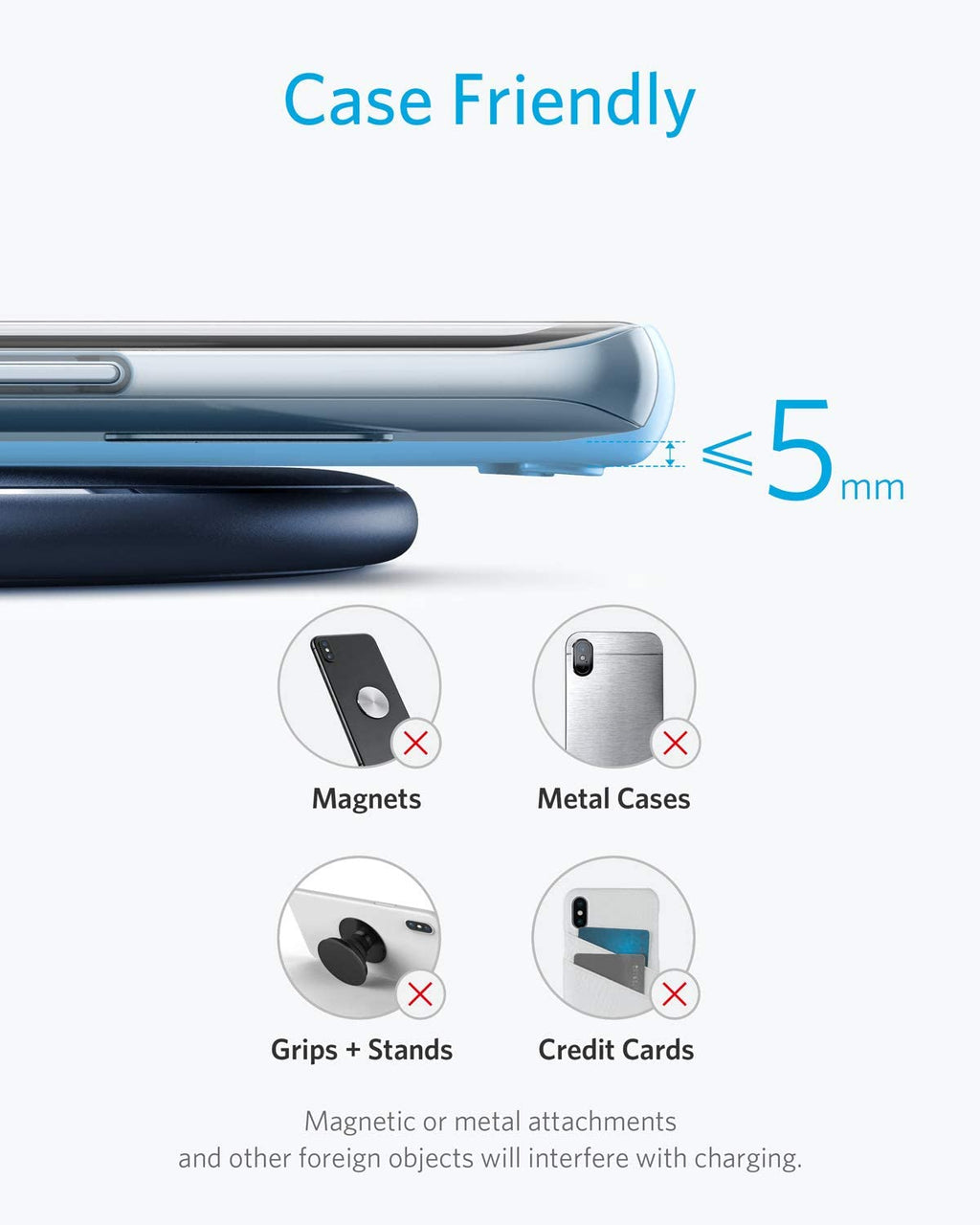 Phone case compatibility chart with a phone and icons indicating what not to use with a 5mm threshold.