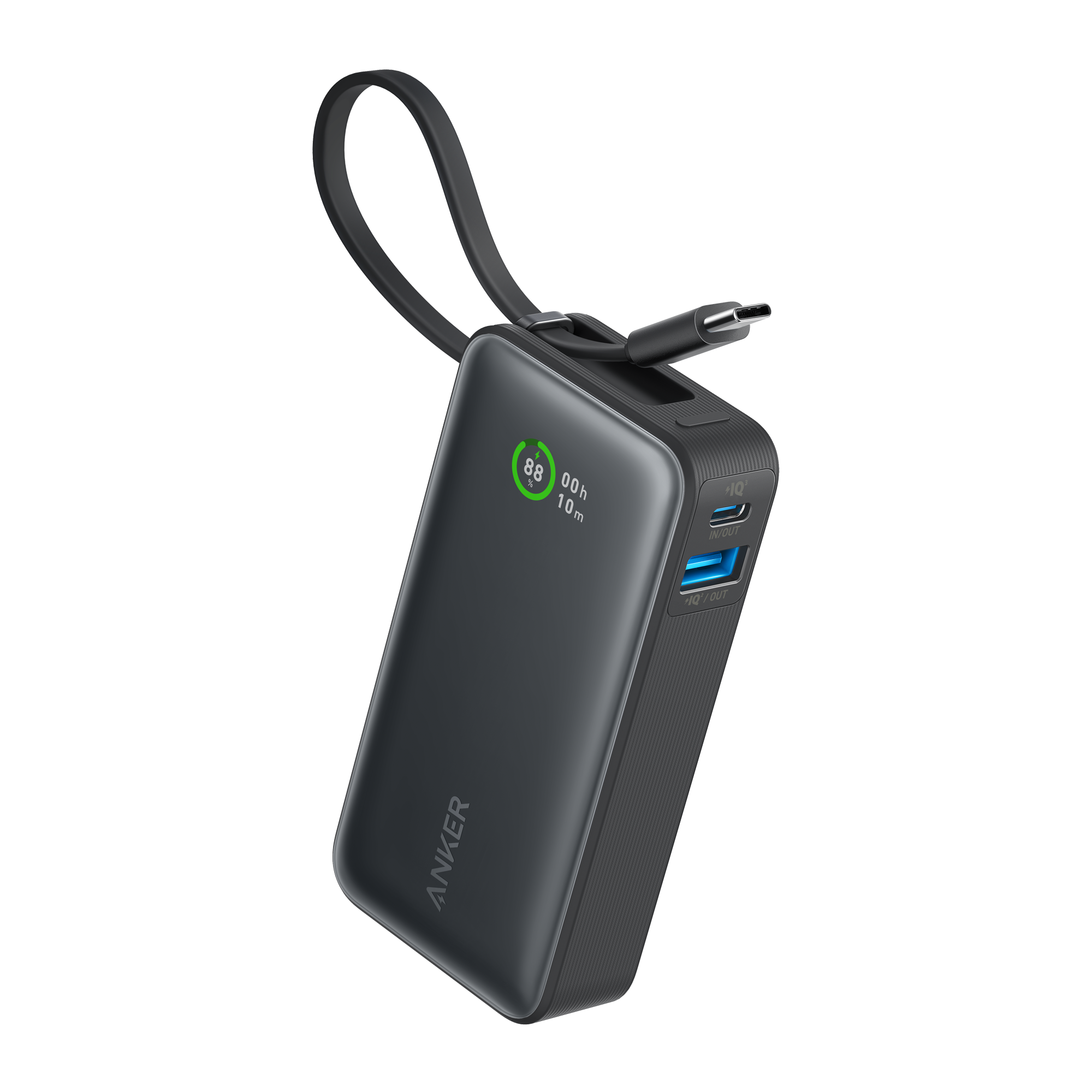 Anker power bank with digital display on a white background