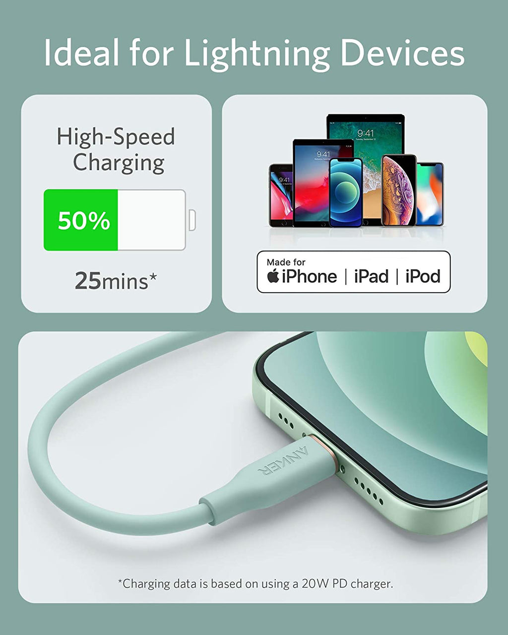Lightning cable with charging information for Apple devices on a light green background