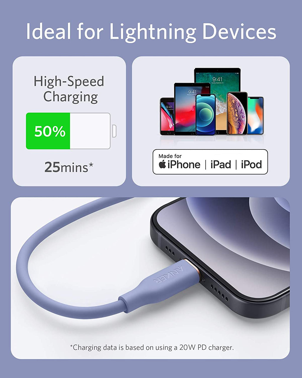 Lightning cable with charging information for Apple devices on a light blue background