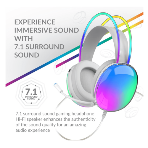 Gaming headset with RGB lighting on a white background, featuring text about 7.1 surround sound.
