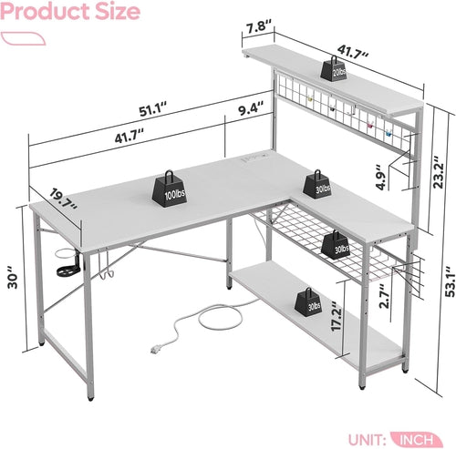 L-shaped desk with dimensions labeled in inches