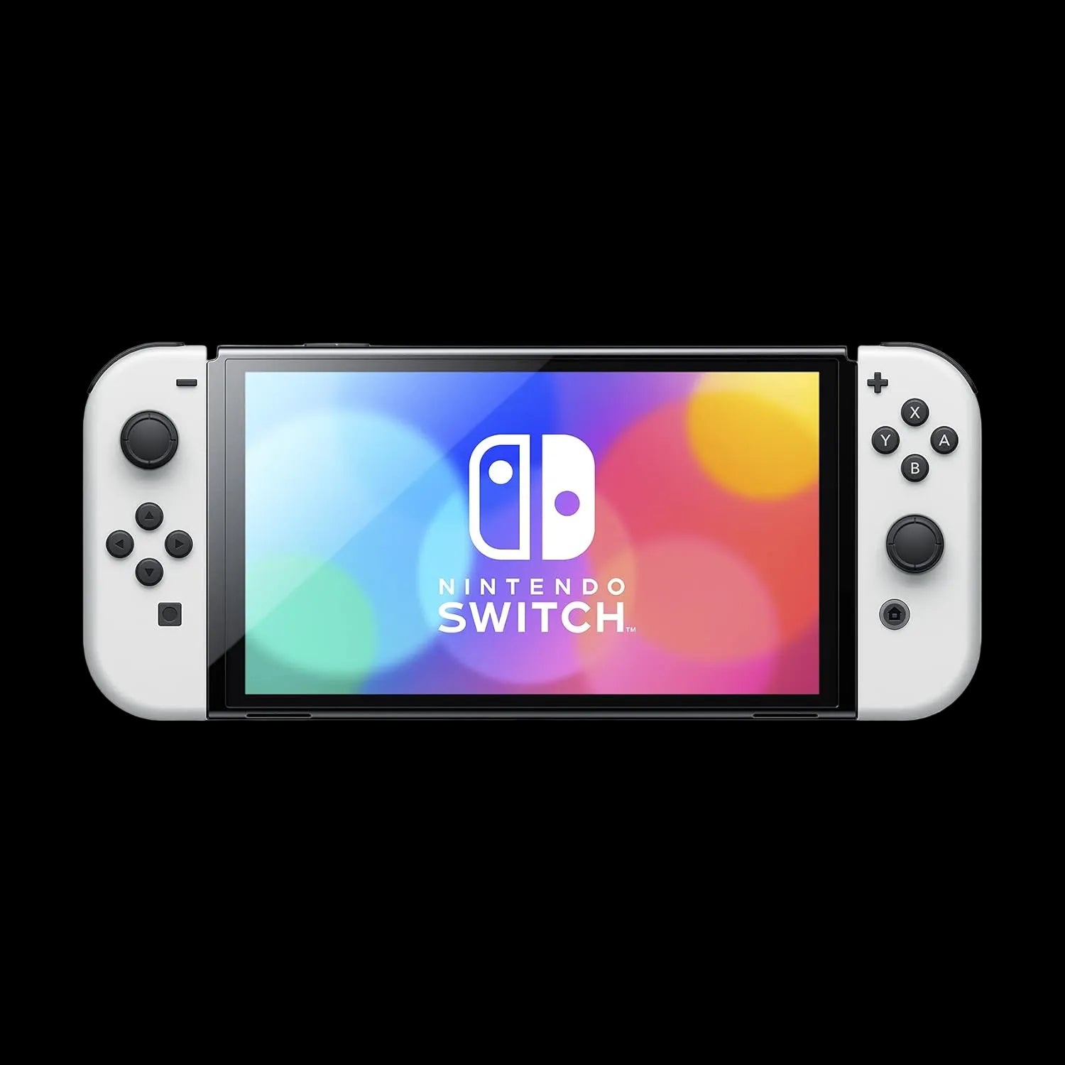 Nintendo Switch console with screen displaying the Nintendo Switch logo on a white background