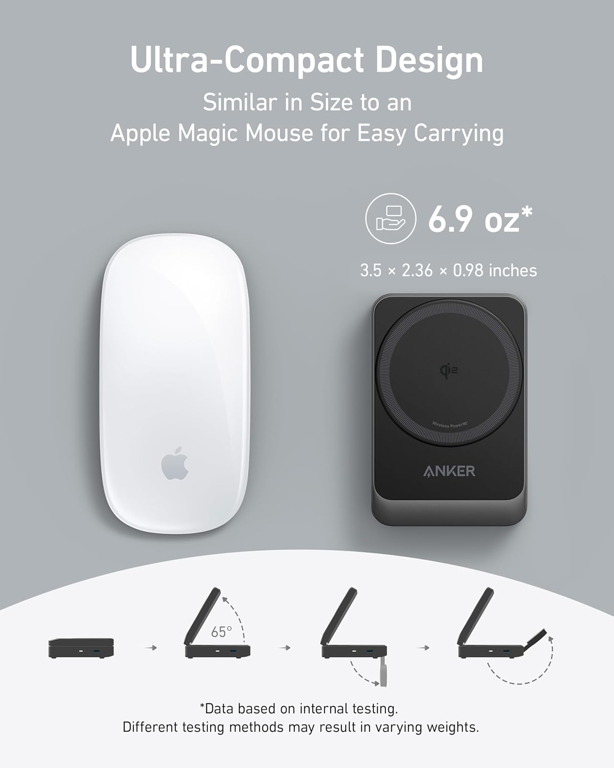 Wireless mouse and charging pad with Apple logo on a gray background