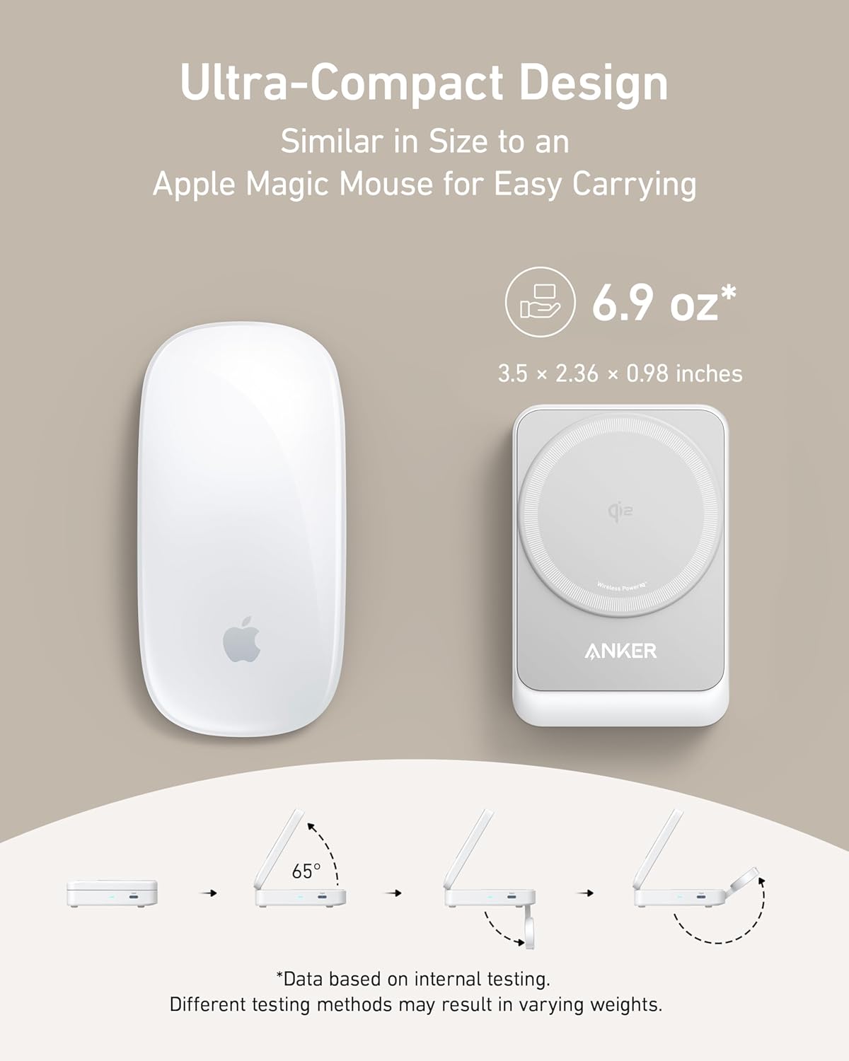 Anker wireless mouse with size comparison to Apple Magic Mouse and weight information on a beige background