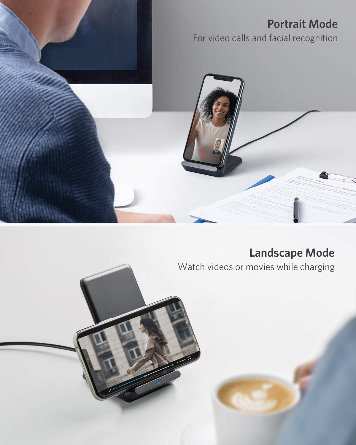 Phone stand with smartphone displaying video call and movie scenes on a desk.