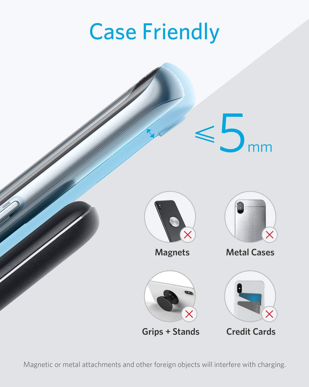 Phone case compatibility with text indicating 5mm thickness limit and objects to avoid.
