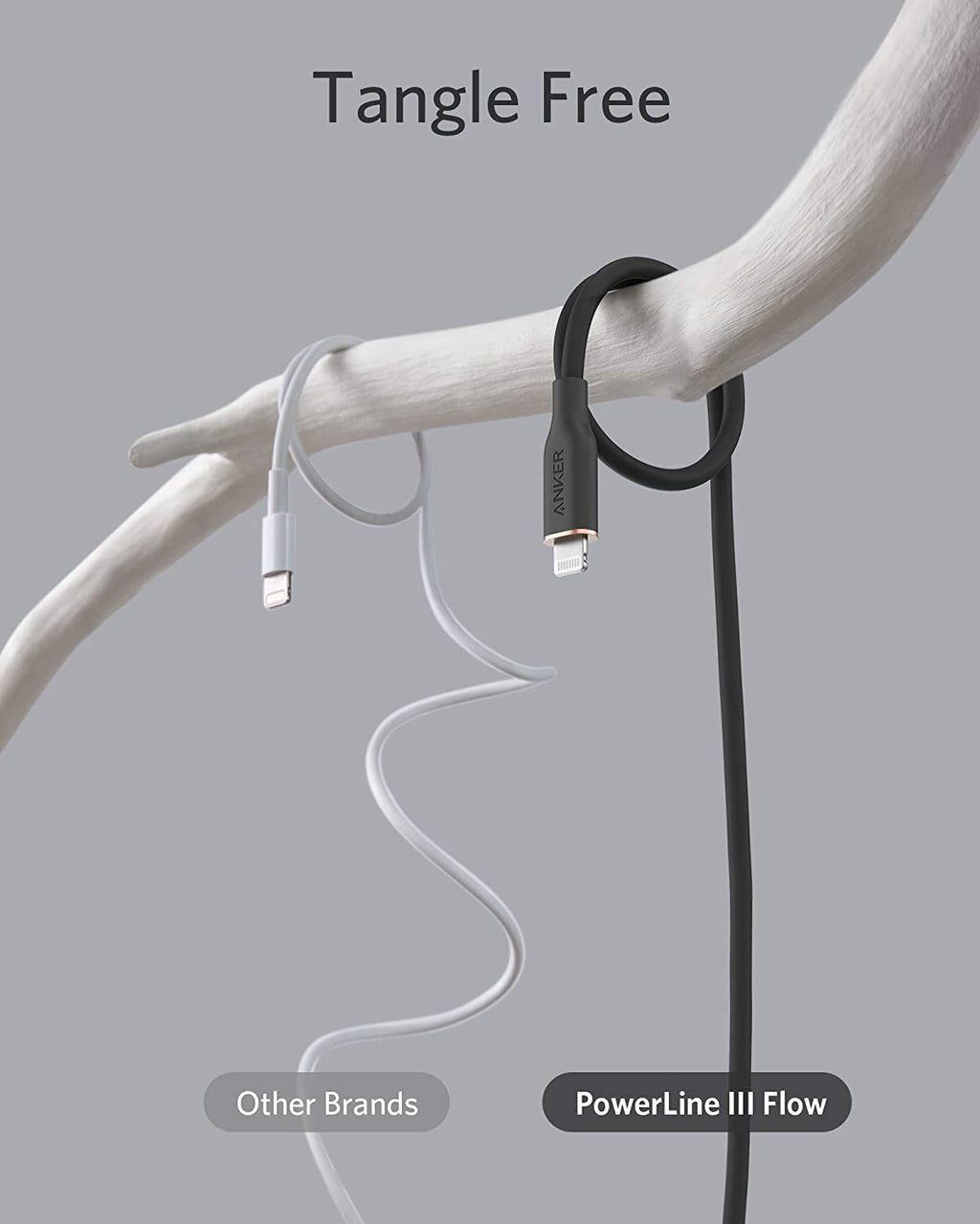 Cables labeled 'Other Brands' and 'PowerLine III Flow' on a gray background with 'Tangle Free' text.