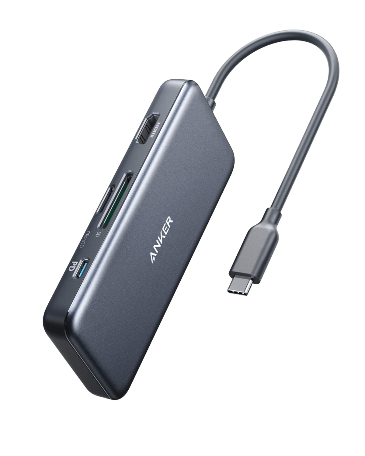 Anker USB-C hub with multiple ports on a transparent background