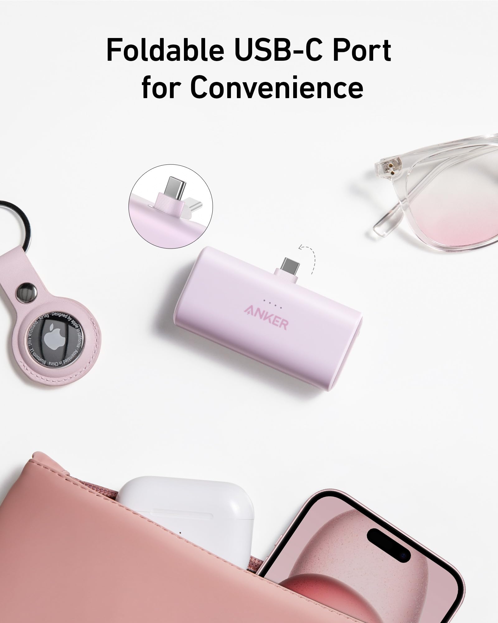 Anker power bank with foldable USB-C port on a white background