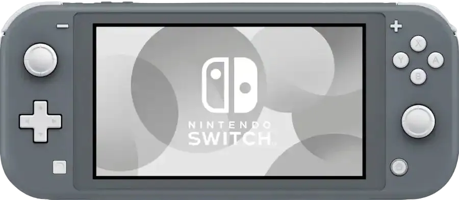 Nintendo Switch Lite console in gray with screen displaying 'Nintendo Switch' logo.