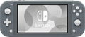 Nintendo Switch Lite console in gray with screen displaying 'Nintendo Switch' logo.