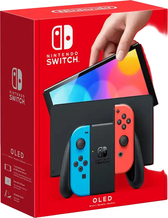 Nintendo Switch OLED packaging with a hand holding the console on a white background