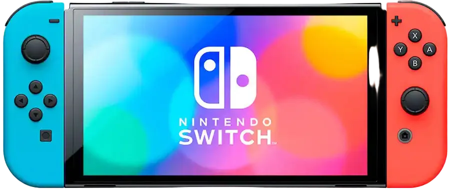 Nintendo Switch console with blue and red Joy-Con controllers on a colorful background