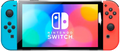 Nintendo Switch console with blue and red Joy-Con controllers on a colorful background