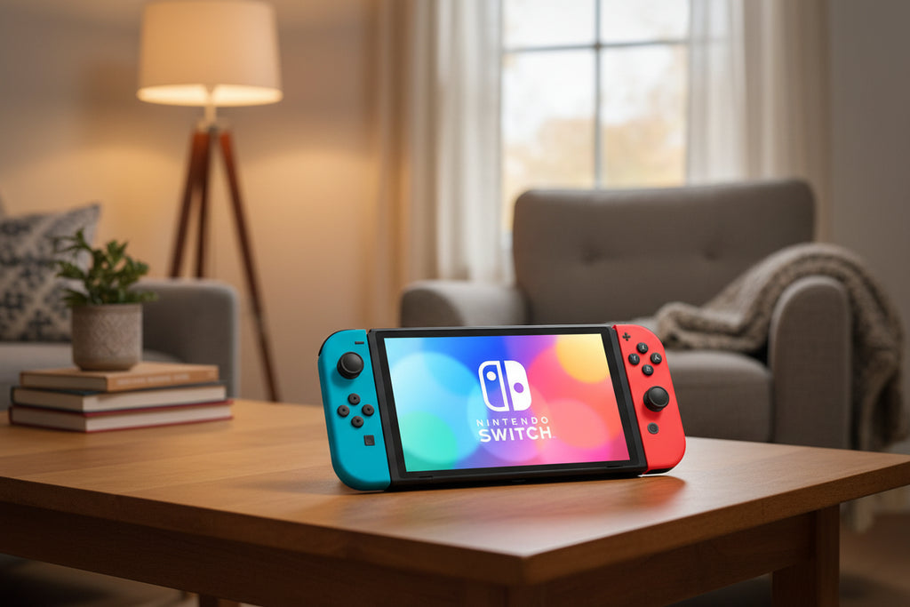 Nintendo Switch console with a blueJoy-Con and redJoy-Con on a white background