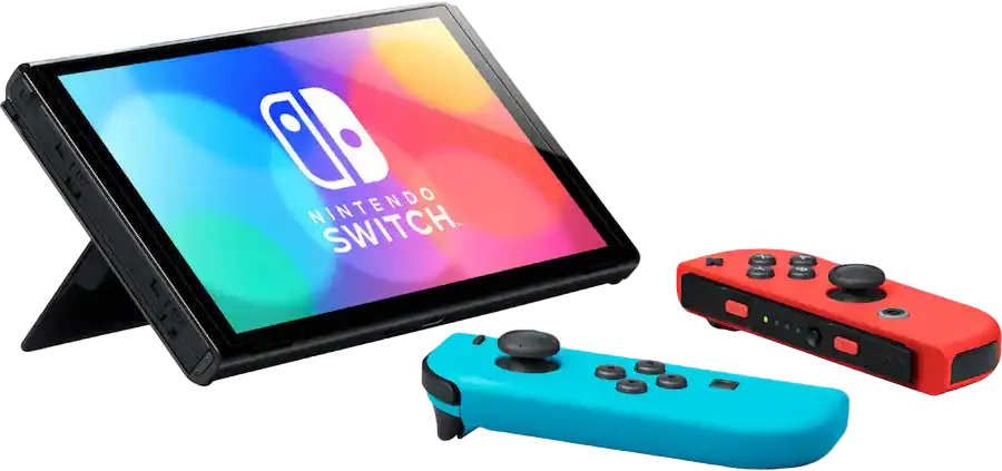 Nintendo Switch console with a blueJoy-Con and redJoy-Con on a white background