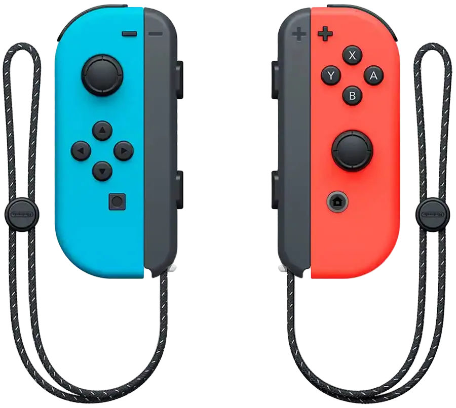 Two gaming controllers, one blue and one red, with black straps on a white background.