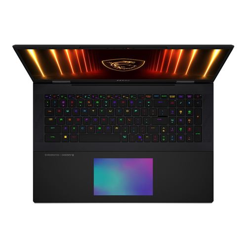 Gaming laptop with RGB keyboard and backlit lid on a white background