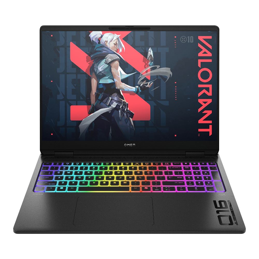 Laptop with a colorful keyboard and 'Valorant' game-themed design on the screen.