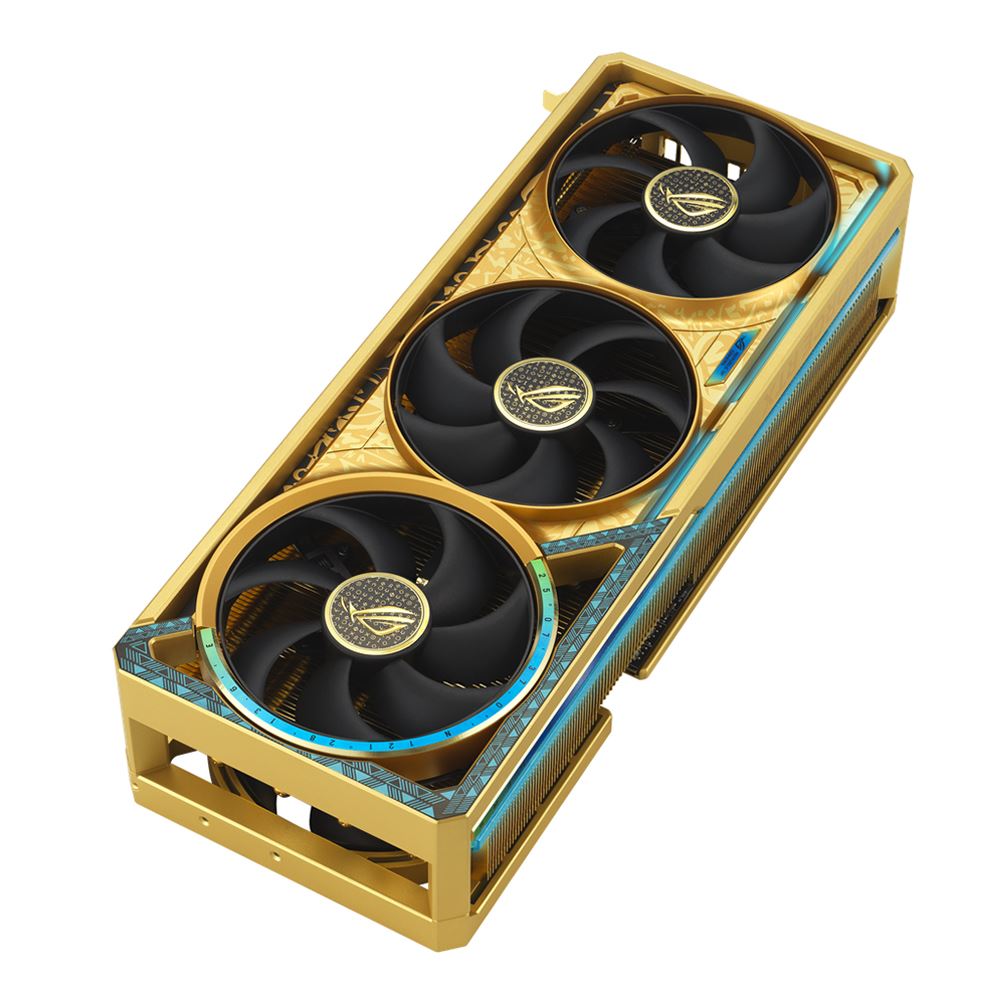 Gold and black graphics card with three fans on a white background