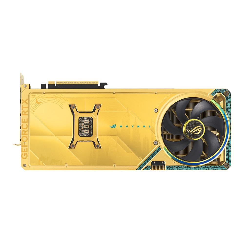 Gold-colored computer graphics card with a fan on a white background
