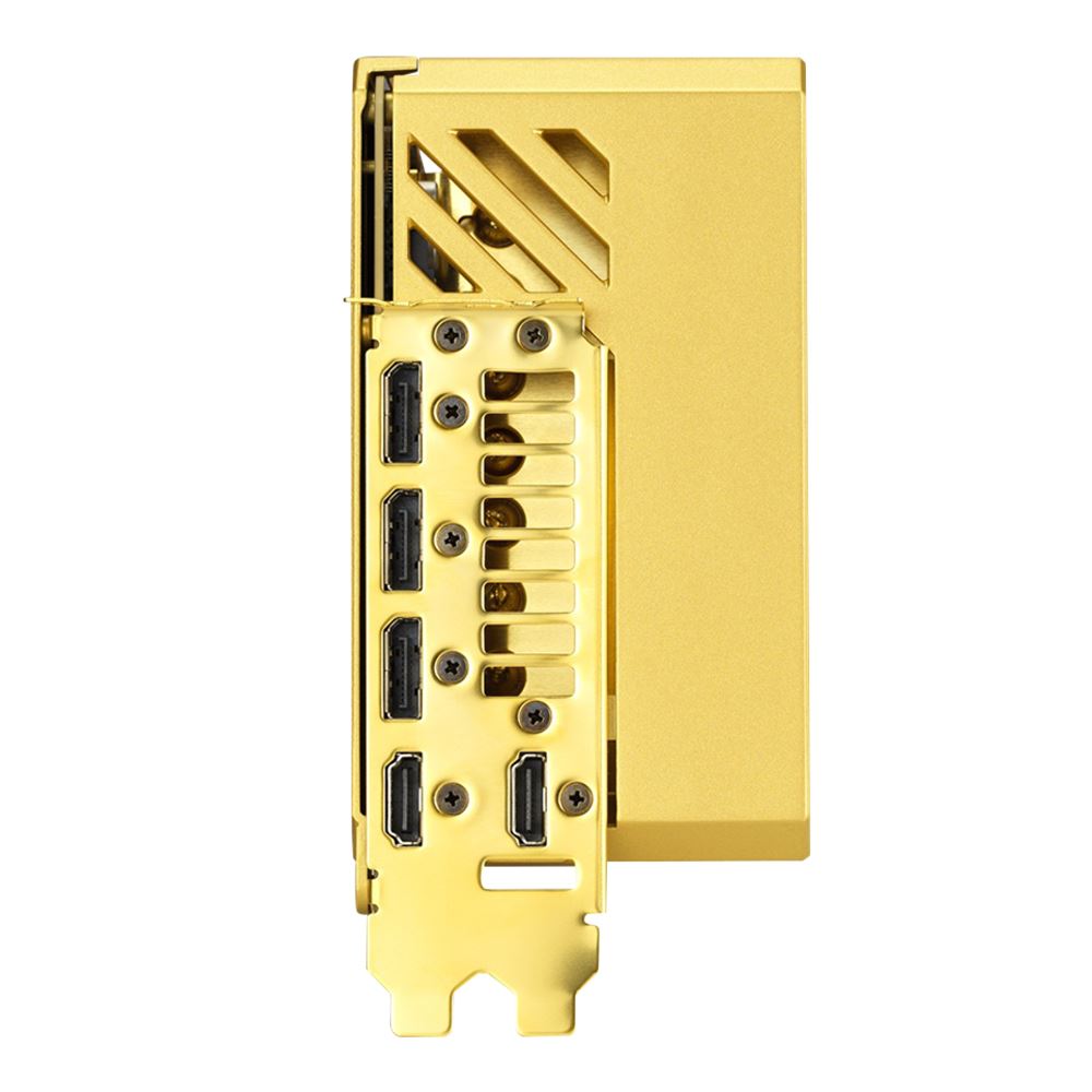 Gold computer expansion card with multiple ports on a white background