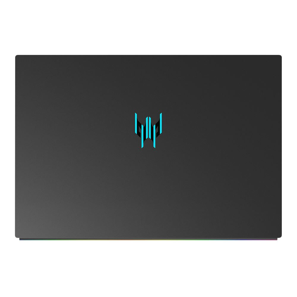 Black laptop with a blue logo on a white background