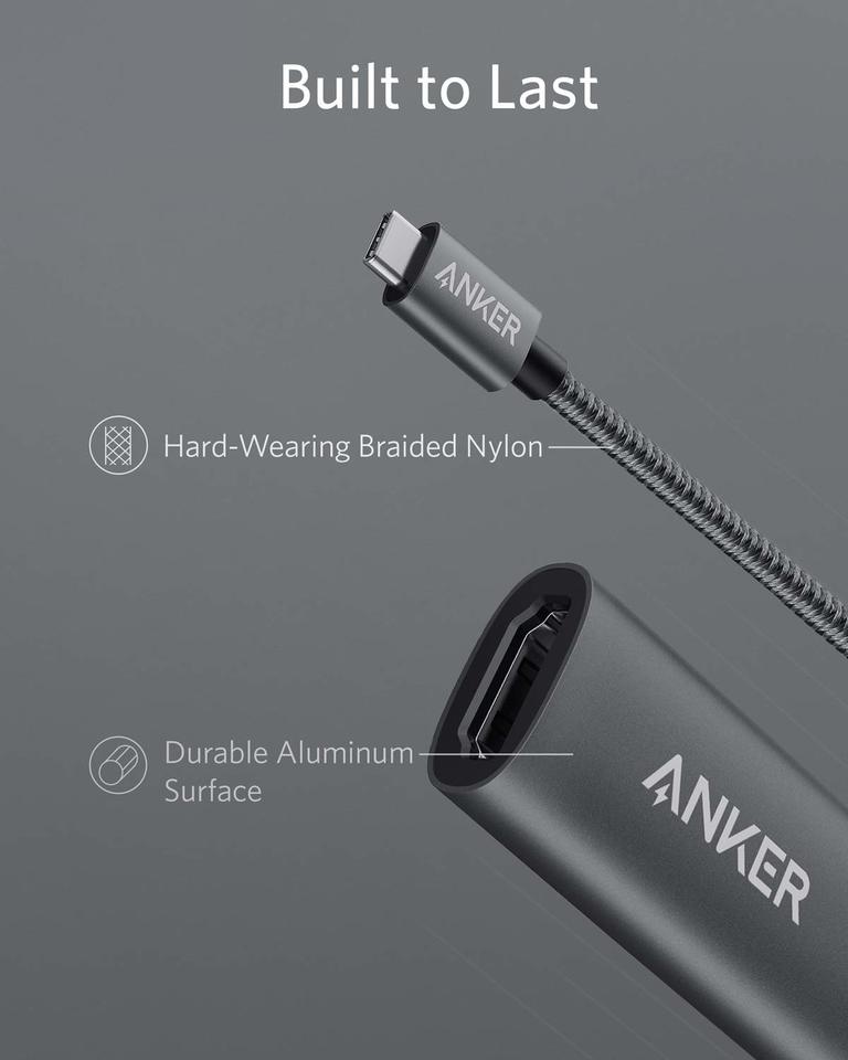 Anker cable and adapter on a gray background with text highlighting features.