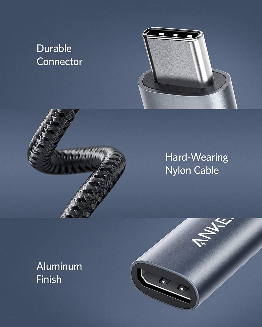 USB connector with durable connector, hard-wearing nylon cable, and aluminum finish on a blue background.