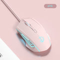 Pink gaming mouse with blue accents on a pink background