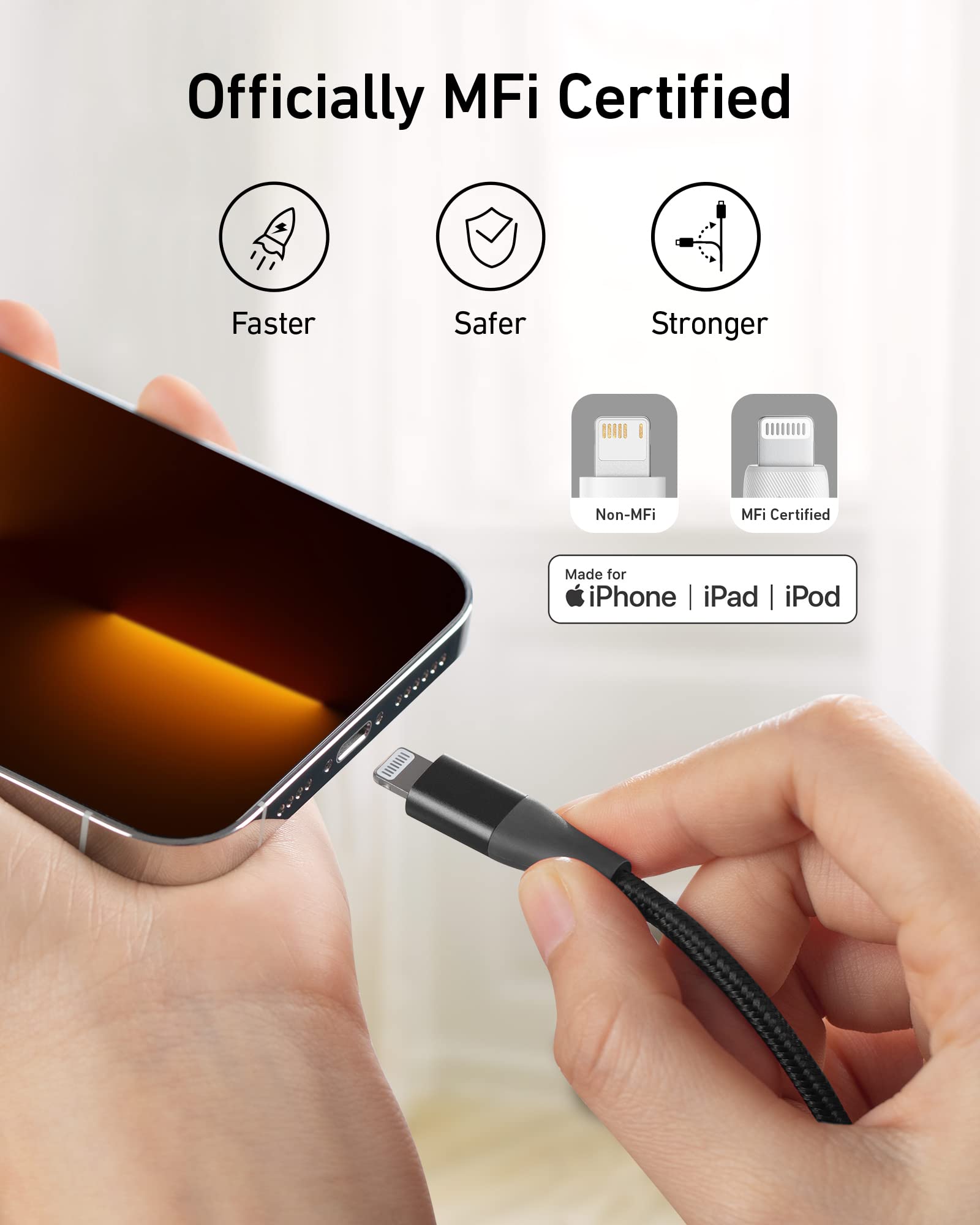 Hand holding a phone with a cable, featuring MFi certification icons and text.