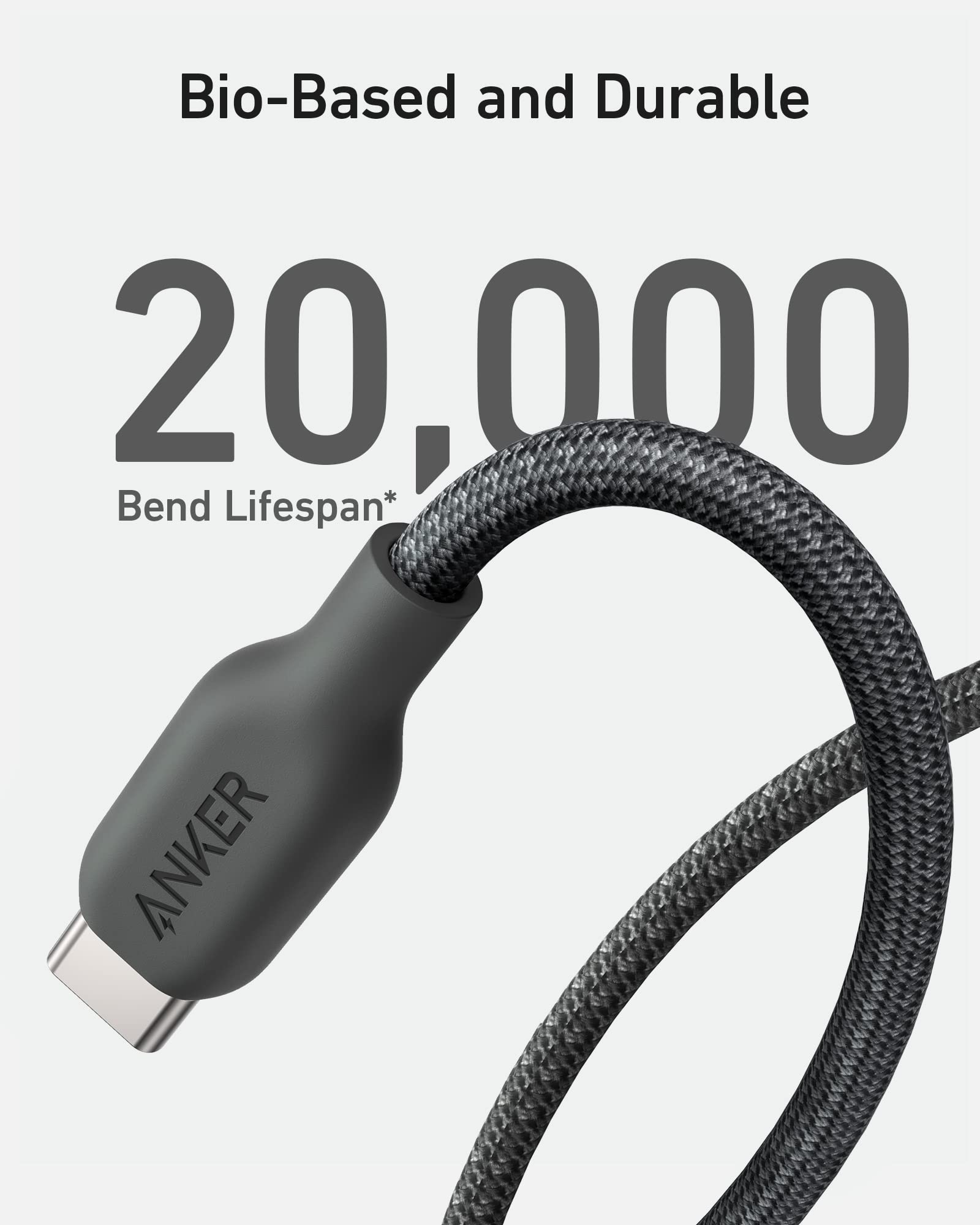 Anker cable with text indicating 20,000 bend lifespan on a gray background