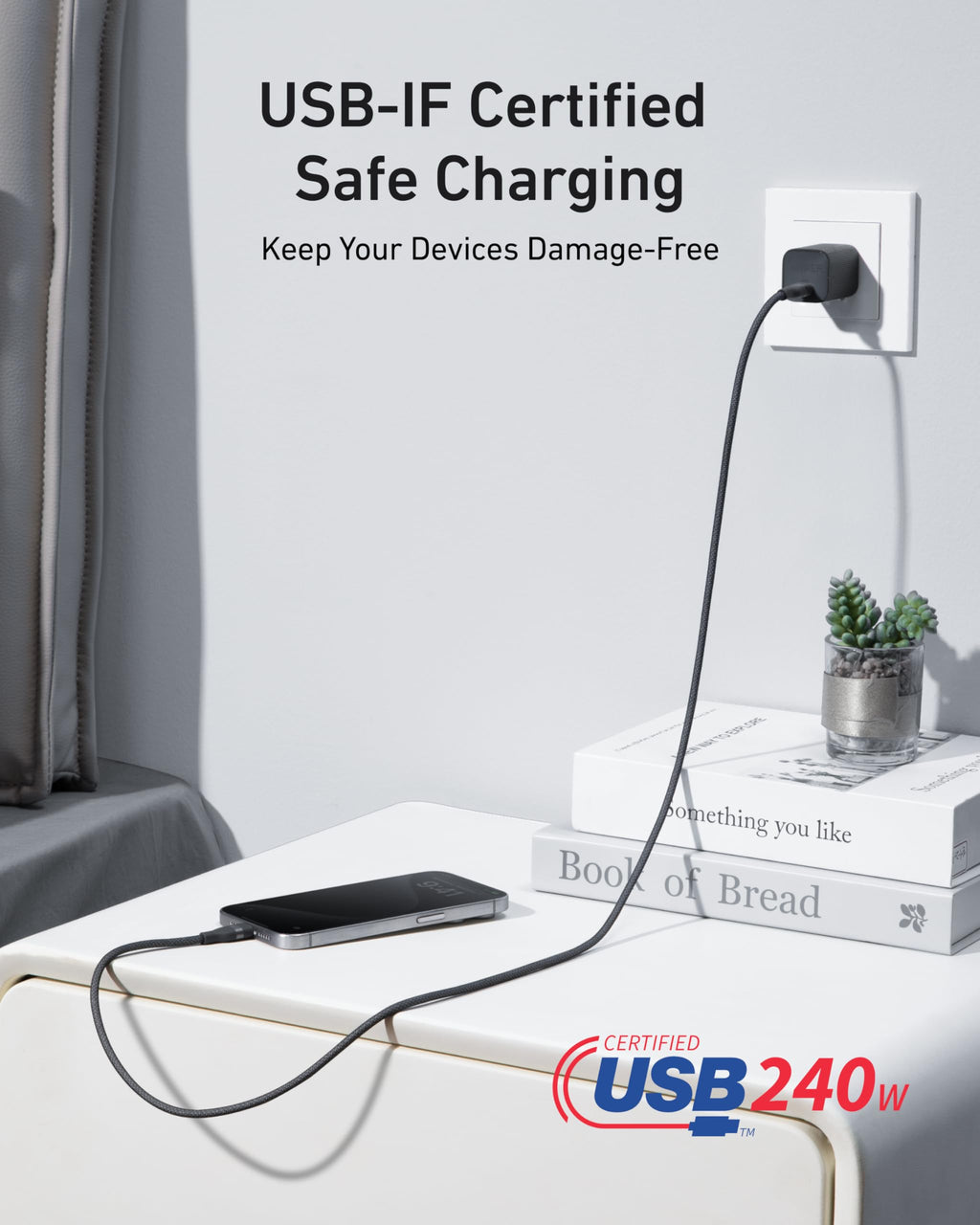 USB charging cable connected to a smartphone on a table with 'USB-IF Certified Safe Charging' text.