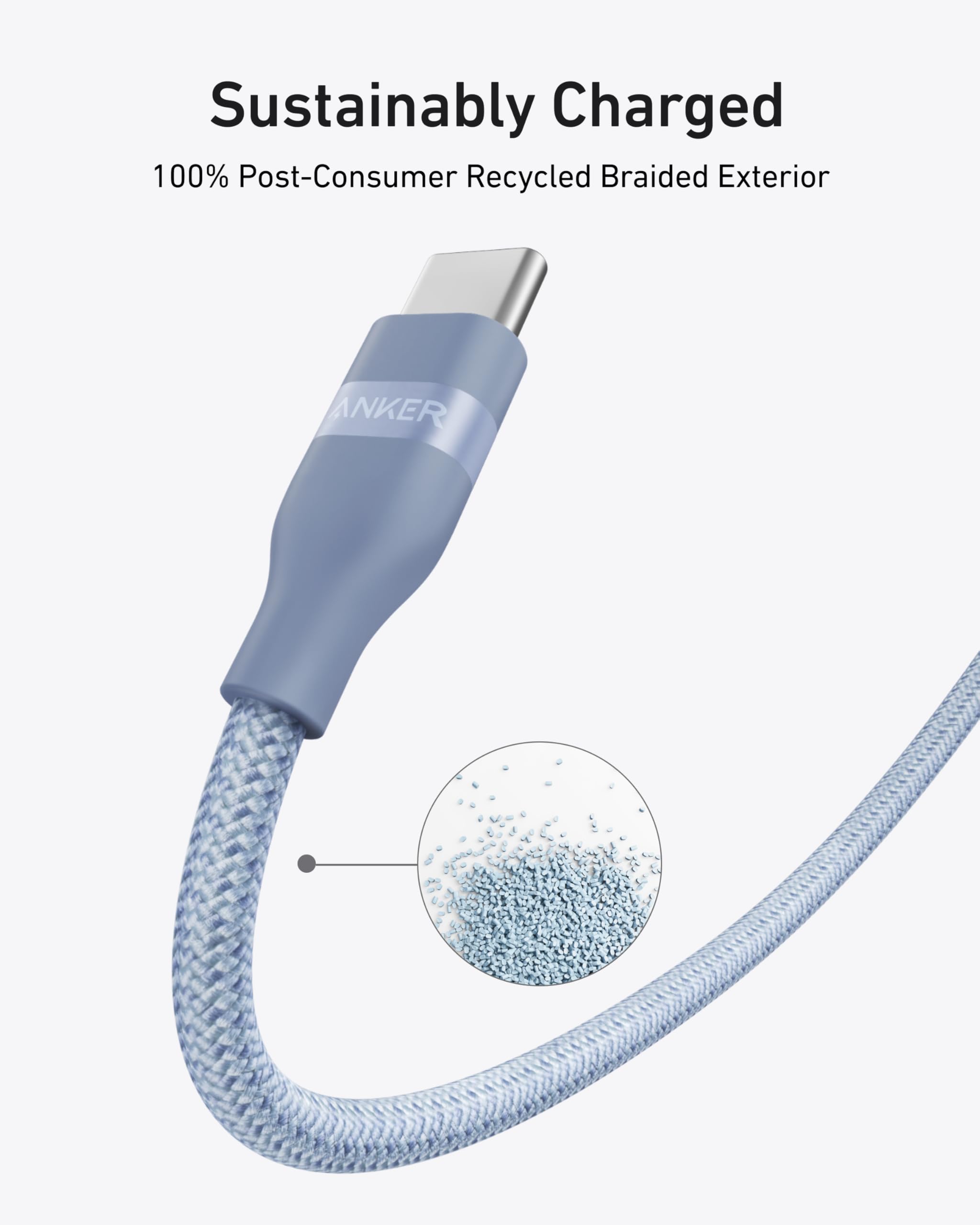 Blue charging cable with 'Anker' branding, featuring a close-up of recycled material on a white background.