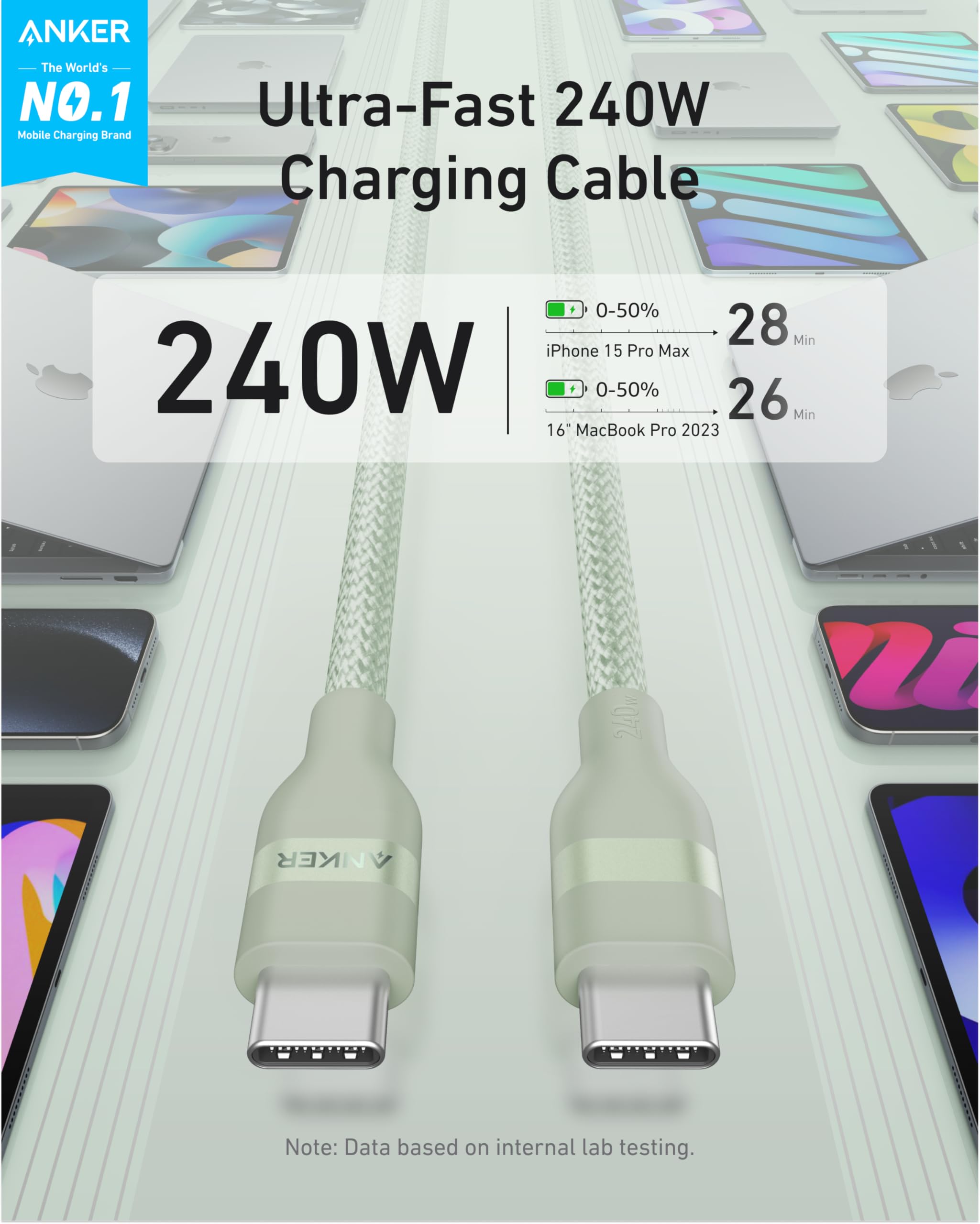 Anker Ultra-Fast 240W charging cable with smartphone screens in the background